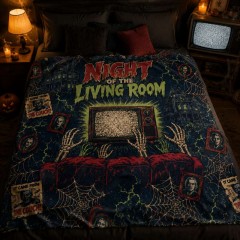 Night of the Living Room Fleece Blanket, Vintage Horror Movie Poster Throw, Spooky Halloween Home Decor | Trinmama image 3