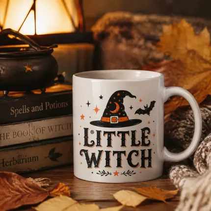 Little Witch Halloween Coffee Mug, Vintage Witch Kid Mug, Spooky Ceramic Cup | Trinmama image 3