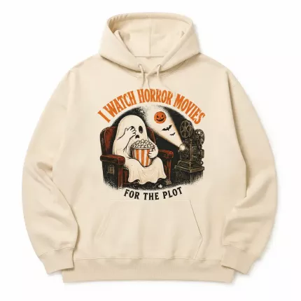 I Watch Horror Movies For The Plot Halloween Sweatshirt, Funny Movie Lover Hoodie, Retro Ghost Cinema Print | Trinmama