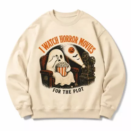 I Watch Horror Movies For The Plot Halloween Sweatshirt, Funny Movie Lover Hoodie, Retro Ghost Cinema Print | Trinmama image 2