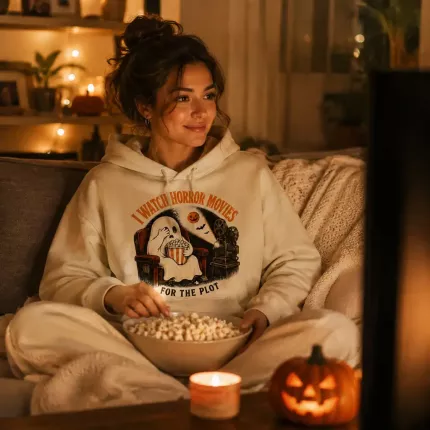 I Watch Horror Movies For The Plot Halloween Sweatshirt, Funny Movie Lover Hoodie, Retro Ghost Cinema Print | Trinmama image 3