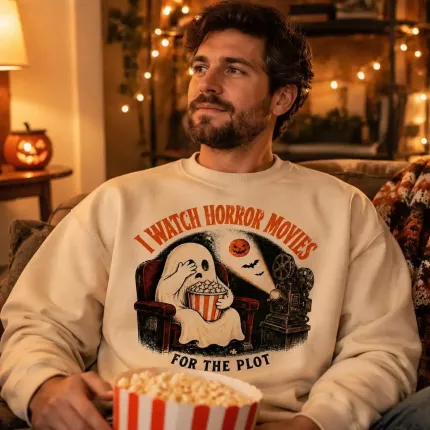 I Watch Horror Movies For The Plot Halloween Sweatshirt, Funny Movie Lover Hoodie, Retro Ghost Cinema Print | Trinmama image 4
