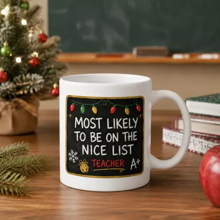 Christmas Teacher Mug, Most Likely To Be On The Nice List Coffee Mug, Funny Teacher Christmas Gift | Trinmama image 2