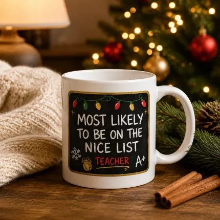 Christmas Teacher Mug, Most Likely To Be On The Nice List Coffee Mug, Funny Teacher Christmas Gift | Trinmama image 3