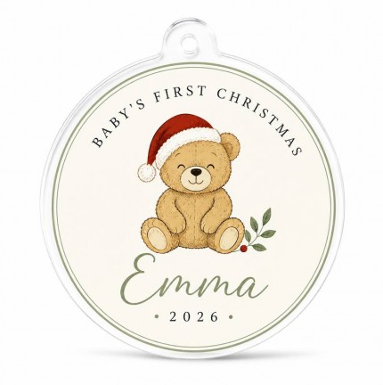 Baby's First Christmas Ornament 2026, Personalized Baby Name Acrylic Keepsake, Teddy Bear Santa Hat Nursery Ornament, Newborn First Christmas Gift image 1