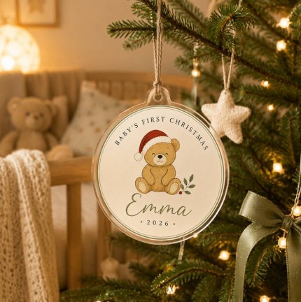 Baby's First Christmas Ornament 2026, Personalized Baby Name Acrylic Keepsake, Teddy Bear Santa Hat Nursery Ornament, Newborn First Christmas Gift image 2