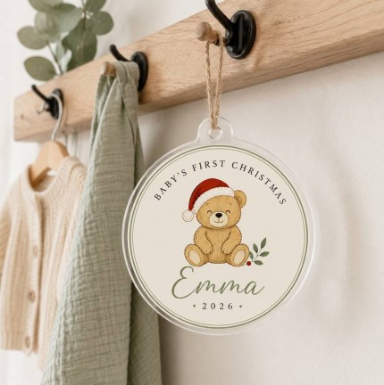 Baby's First Christmas Ornament 2026, Personalized Baby Name Acrylic Keepsake, Teddy Bear Santa Hat Nursery Ornament, Newborn First Christmas Gift image 3