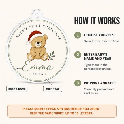 Baby's First Christmas Ornament 2026, Personalized Baby Name Acrylic Keepsake, Teddy Bear Santa Hat Nursery Ornament, Newborn First Christmas Gift image 5