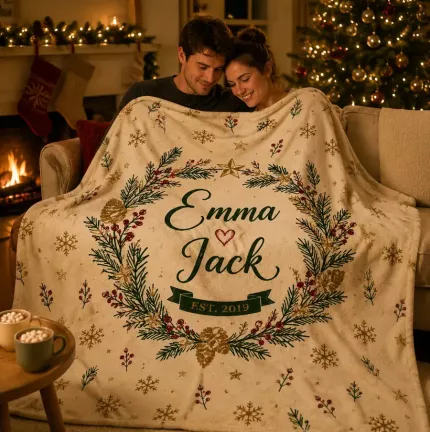 Custom Couple Christmas Blanket, Personalized Names & Year Fleece Throw, Christmas Gift for Couples | Trinmama image 2
