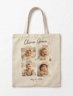 Custom Baby Photo Collage Tote Bag — 4-Photo Keepsake Canvas Tote, Washi Tape Style, Personalized Name & Date