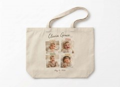 Custom Baby Photo Collage Tote Bag — 4-Photo Keepsake Canvas Tote, Washi Tape Style, Personalized Name & Date image 2