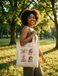 Custom Baby Photo Collage Tote Bag — 4-Photo Keepsake Canvas Tote, Washi Tape Style, Personalized Name & Date image 3