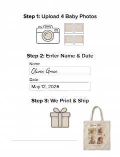 Custom Baby Photo Collage Tote Bag — 4-Photo Keepsake Canvas Tote, Washi Tape Style, Personalized Name & Date image 5