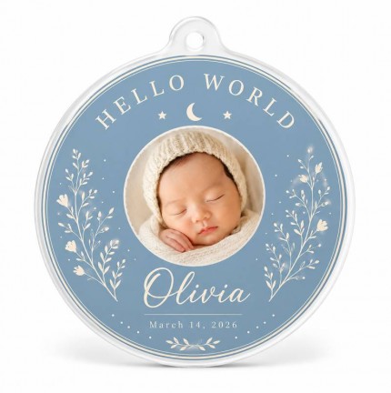 Hello World Baby Photo Ornament, Personalized Newborn Name and Birth Date Keepsake, Custom Acrylic Birth Announcement Ornament, New Baby Gift