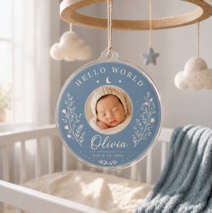 Hello World Baby Photo Ornament, Personalized Newborn Name and Birth Date Keepsake, Custom Acrylic Birth Announcement Ornament, New Baby Gift image 2