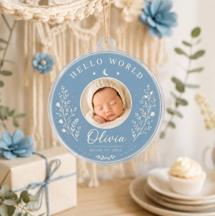 Hello World Baby Photo Ornament, Personalized Newborn Name and Birth Date Keepsake, Custom Acrylic Birth Announcement Ornament, New Baby Gift image 3