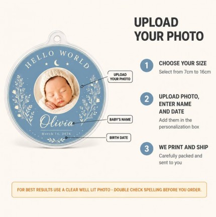 Hello World Baby Photo Ornament, Personalized Newborn Name and Birth Date Keepsake, Custom Acrylic Birth Announcement Ornament, New Baby Gift image 5