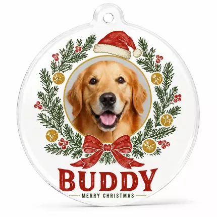 Custom Pet Photo Christmas Ornament, Personalized Dog Cat Name Keepsake, Christmas Wreath Acrylic Tree Decoration | Trinmama