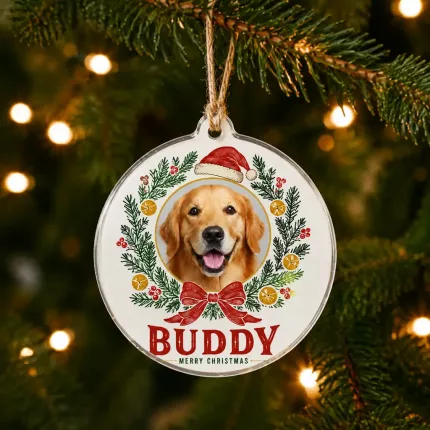 Custom Pet Photo Christmas Ornament, Personalized Dog Cat Name Keepsake, Christmas Wreath Acrylic Tree Decoration | Trinmama image 2