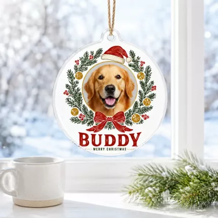 Custom Pet Photo Christmas Ornament, Personalized Dog Cat Name Keepsake, Christmas Wreath Acrylic Tree Decoration | Trinmama image 3