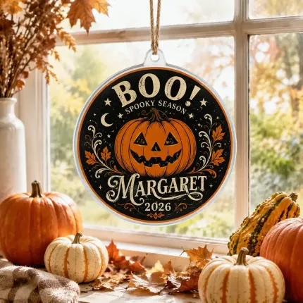 Boo! Halloween Ornament, Personalized Pumpkin Acrylic Christmas Tree Decor, Custom Name Keepsake image 3