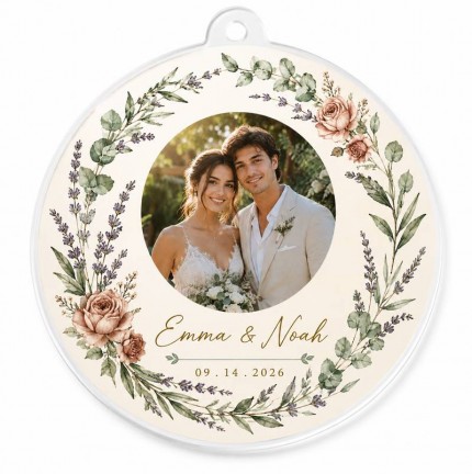 Personalized Wedding Photo Ornament, Custom Couple Names and Wedding Date Acrylic Keepsake, Eucalyptus Rose Wreath Christmas Ornament, Newlywed Wedding Gift