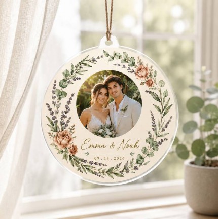 Personalized Wedding Photo Ornament, Custom Couple Names and Wedding Date Acrylic Keepsake, Eucalyptus Rose Wreath Christmas Ornament, Newlywed Wedding Gift image 2