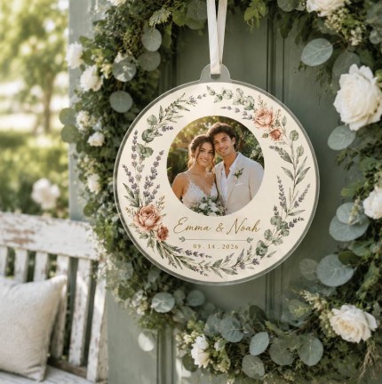 Personalized Wedding Photo Ornament, Custom Couple Names and Wedding Date Acrylic Keepsake, Eucalyptus Rose Wreath Christmas Ornament, Newlywed Wedding Gift image 3
