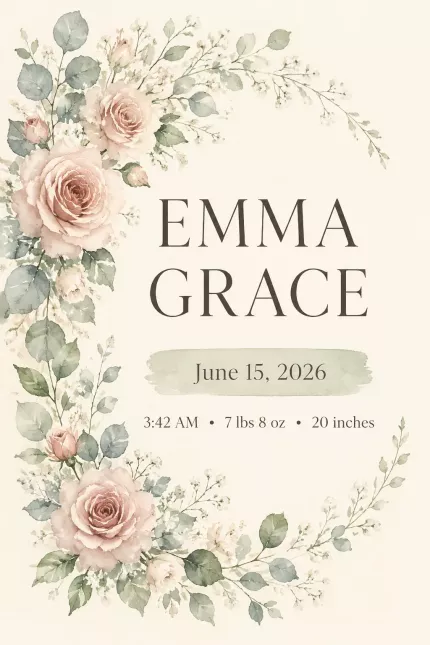 Personalized Birth Stats Wall Art Print, Custom Baby Name & Date, Watercolor Floral Nursery Decor, Newborn Baby Shower Gift