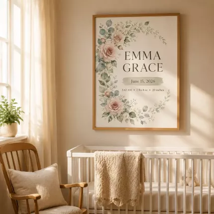 Personalized Birth Stats Wall Art Print, Custom Baby Name & Date, Watercolor Floral Nursery Decor, Newborn Baby Shower Gift image 2