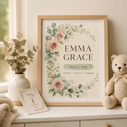 Personalized Birth Stats Wall Art Print, Custom Baby Name & Date, Watercolor Floral Nursery Decor, Newborn Baby Shower Gift image 3