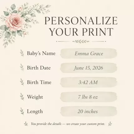 Personalized Birth Stats Wall Art Print, Custom Baby Name & Date, Watercolor Floral Nursery Decor, Newborn Baby Shower Gift image 4