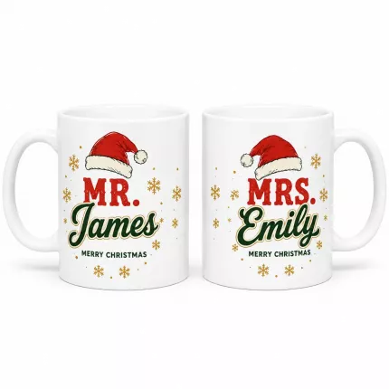 Christmas Couple Mug Set of 2, Personalized Mr & Mrs Names Ceramic Coffee Cups, Custom Holiday Gift for Couples | Trinmama