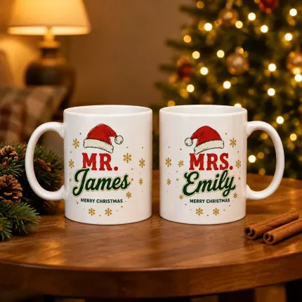Christmas Couple Mug Set of 2, Personalized Mr & Mrs Names Ceramic Coffee Cups, Custom Holiday Gift for Couples | Trinmama image 2