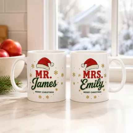 Christmas Couple Mug Set of 2, Personalized Mr & Mrs Names Ceramic Coffee Cups, Custom Holiday Gift for Couples | Trinmama image 3