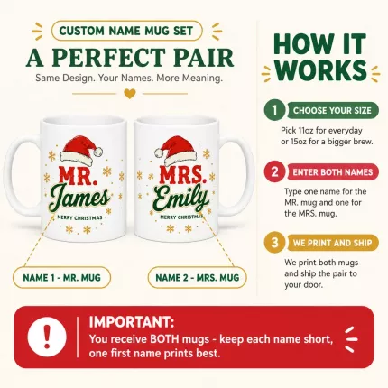 Christmas Couple Mug Set of 2, Personalized Mr & Mrs Names Ceramic Coffee Cups, Custom Holiday Gift for Couples | Trinmama image 4