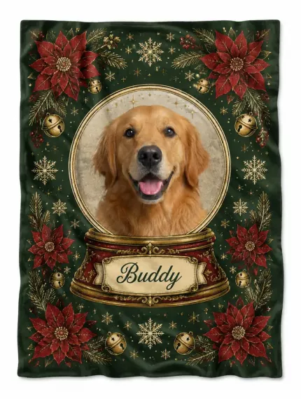 Custom Pet Photo Christmas Blanket, Personalized Snow Globe Dog Cat Fleece Throw, Pet Lover Christmas Gift | Trinmama image 1