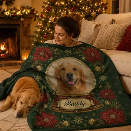 Custom Pet Photo Christmas Blanket, Personalized Snow Globe Dog Cat Fleece Throw, Pet Lover Christmas Gift | Trinmama image 2
