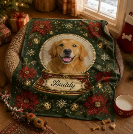 Custom Pet Photo Christmas Blanket, Personalized Snow Globe Dog Cat Fleece Throw, Pet Lover Christmas Gift | Trinmama image 3