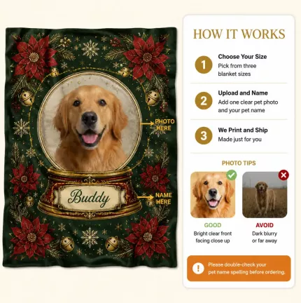 Custom Pet Photo Christmas Blanket, Personalized Snow Globe Dog Cat Fleece Throw, Pet Lover Christmas Gift | Trinmama image 5