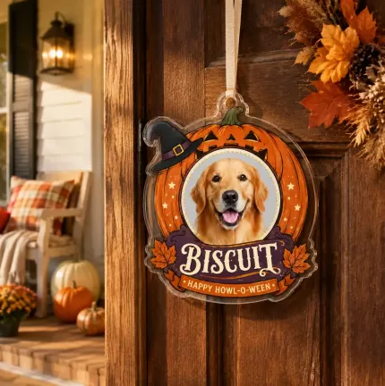 Custom Pet Photo Halloween Ornament, Personalized Dog Cat Acrylic Keepsake, Spooky Pumpkin Pet Memorial Gift image 2