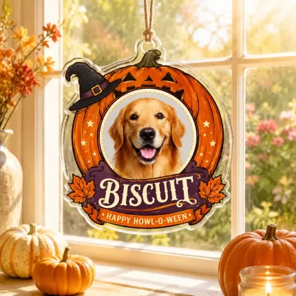 Custom Pet Photo Halloween Ornament, Personalized Dog Cat Acrylic Keepsake, Spooky Pumpkin Pet Memorial Gift image 3
