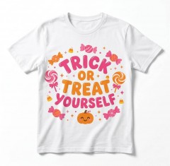Trick or Treat Yourself Halloween T-Shirt, Cute Candy Pink & Orange, Spooky Season Gift | Trinmama