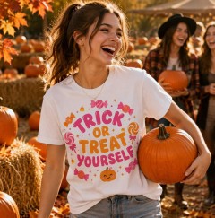 Trick or Treat Yourself Halloween T-Shirt, Cute Candy Pink & Orange, Spooky Season Gift | Trinmama image 3
