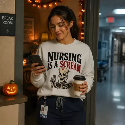 Nursing Is A Scream Halloween Sweatshirt, Funny Nurse Hoodie, Retro Skeleton Print | Trinmama image 3
