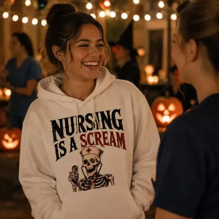 Nursing Is A Scream Halloween Sweatshirt, Funny Nurse Hoodie, Retro Skeleton Print | Trinmama image 4