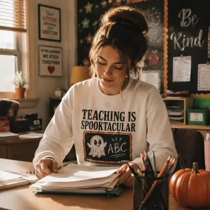 Teaching Is Spooktacular Halloween Sweatshirt, Funny Teacher Hoodie, Retro Chalkboard Print | Trinmama image 3