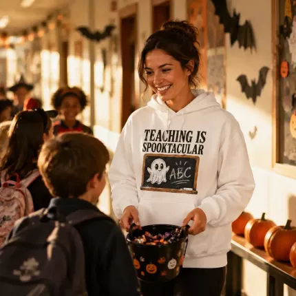 Teaching Is Spooktacular Halloween Sweatshirt, Funny Teacher Hoodie, Retro Chalkboard Print | Trinmama image 4