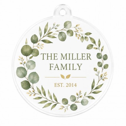 Personalized Family Name Ornament, Custom Est. Year Acrylic Keepsake, Eucalyptus Wreath Family Established Sign, Housewarming & Christmas Gift