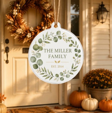 Personalized Family Name Ornament, Custom Est. Year Acrylic Keepsake, Eucalyptus Wreath Family Established Sign, Housewarming & Christmas Gift image 2